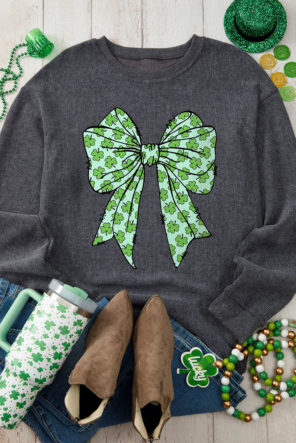 Clover Bowknot Graphic Corded Pullover Sweatshirt
