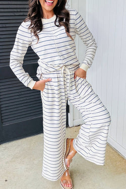 Striped Long Sleeve Top Drawstring Wide Leg Pants 2pcs Outfit