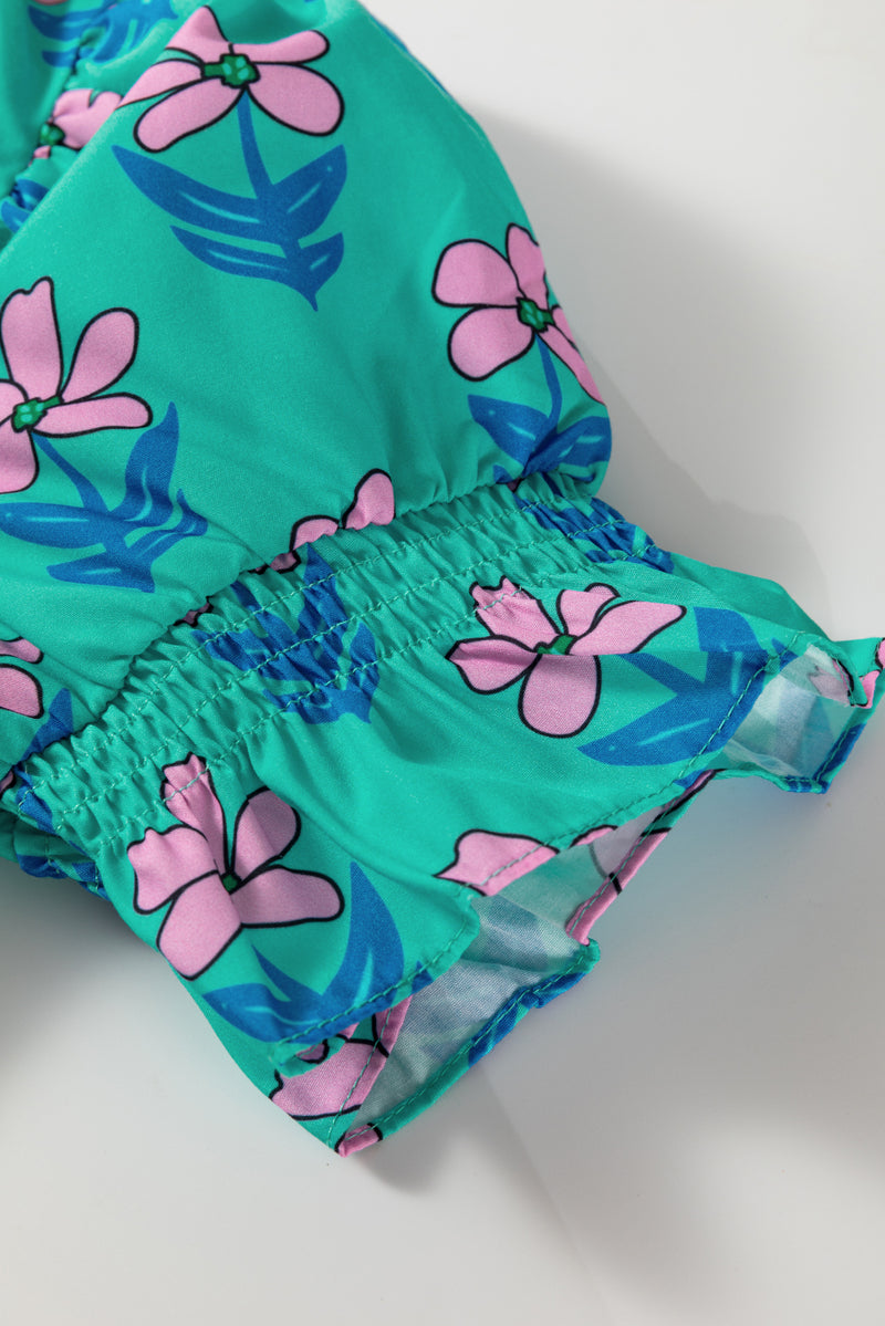 Floral Print Frilly Smocked Detail High Waist Mini Dress