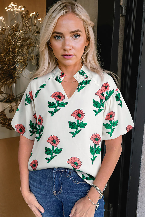 Floral Print Shirred Split Neck Short Sleeve Blouse