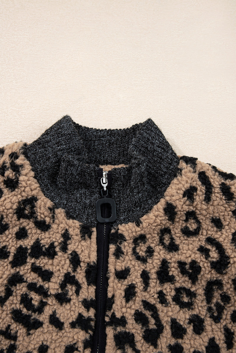 Leopard Print Zip Up Stand Neck Side Pocket Jacket