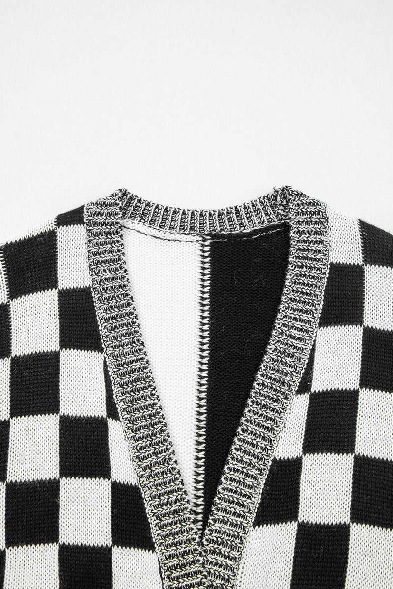 Checkered Open Front Drop Shoulder Cardigan