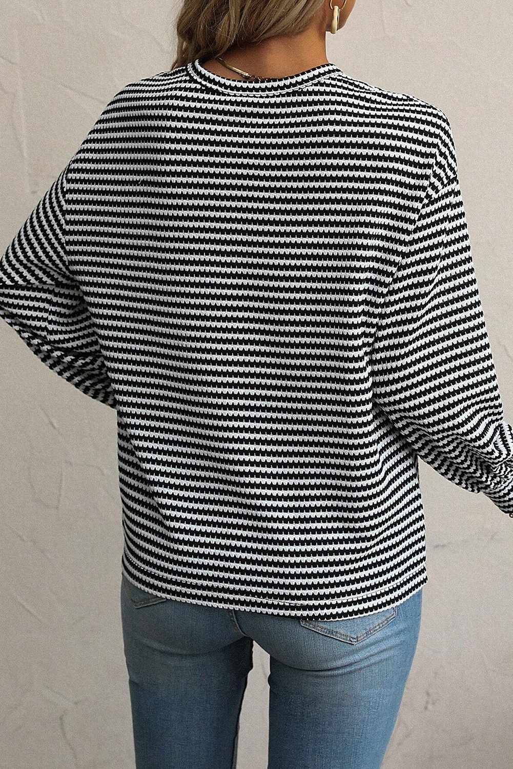Solid Stripe Round Neck Drop Shoulder Long Sleeve Top