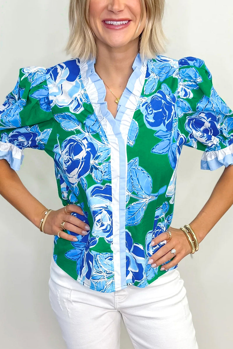 Floral Frilled V Neck Short Sleeve Blouse Top