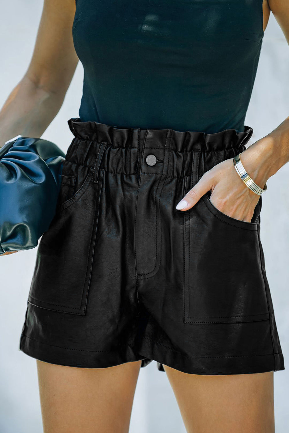Faux Leather Paper Bag Waist High Rise Shorts