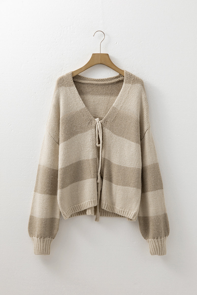 Striped Color Block Brushed Knit Bow Tie Front Sweater Cardigan