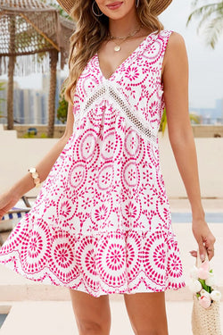 Elegant Printed Cutout Lace V-Neck Sleeveless Dress