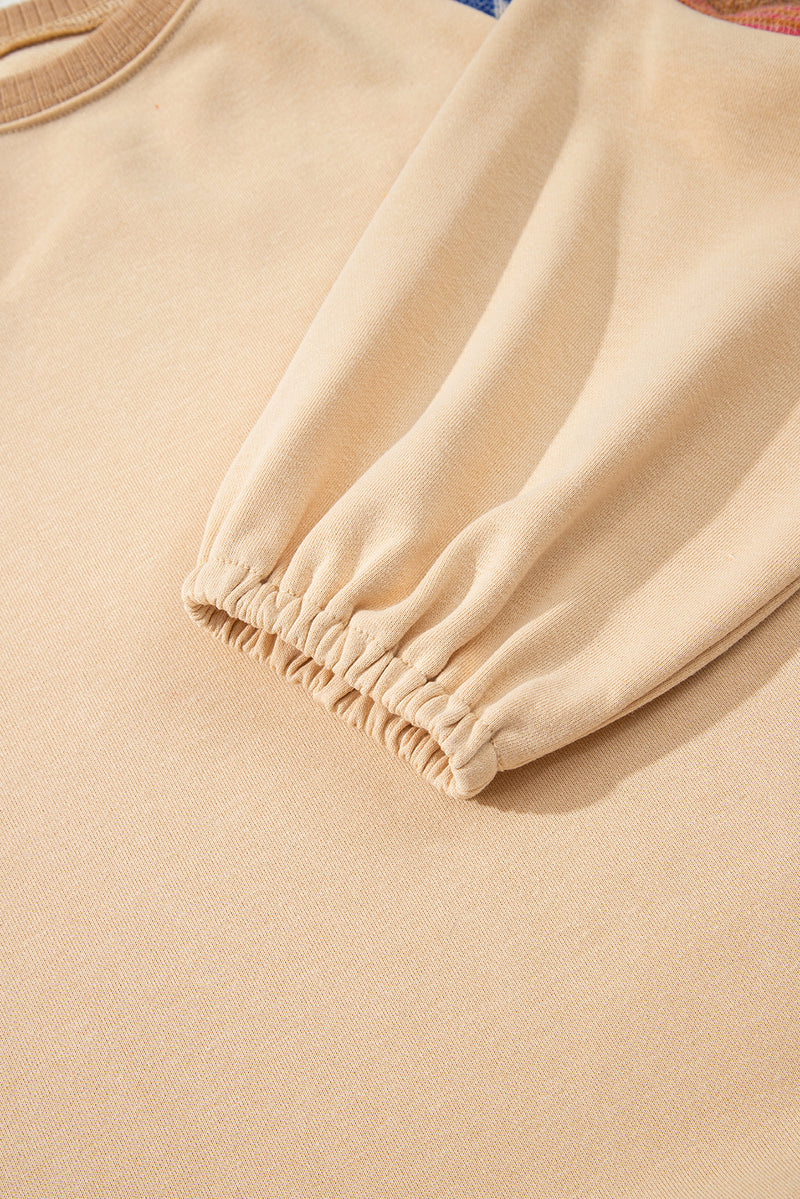 Light French Aztec Patchwork Raglan Pullover Sweatshirt