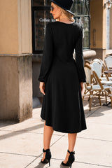 Solid Color Ruched Detail Long Sleeve Midi Dress