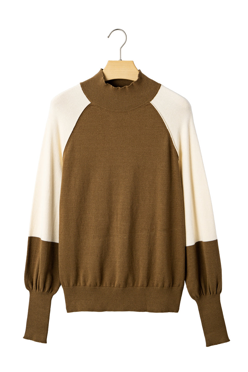 Brown Color block Raglan Puff Sleeve Mock Neck Sweater