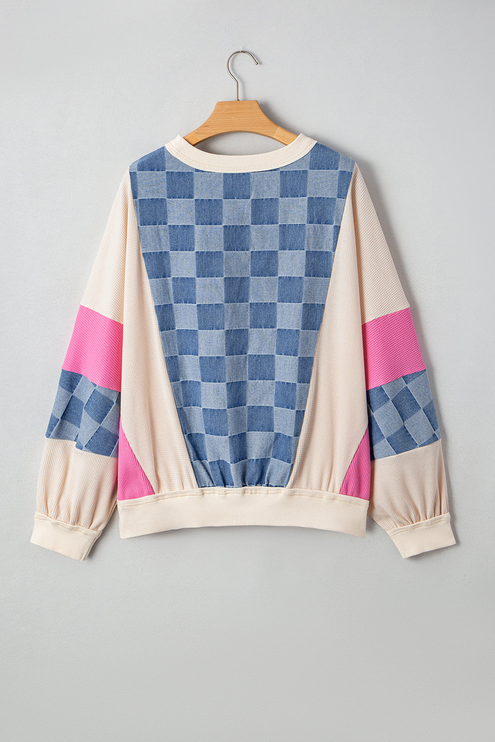 Oversized Checkered Denim Exposed Seam Patchwork Casual Sweatshirt