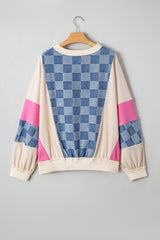 Oversized Checkered Denim Exposed Seam Patchwork Casual Sweatshirt
