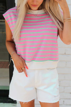 Striped Crew Neck Cap Sleeve T Shirt
