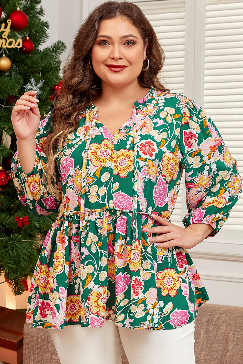 Floral Tied V Neck Long Sleeve Plus Size Babydoll Top