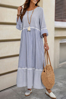 Stripe Patchwork Crossed Lace Detail Bracelet Sleeve Maxi Dress