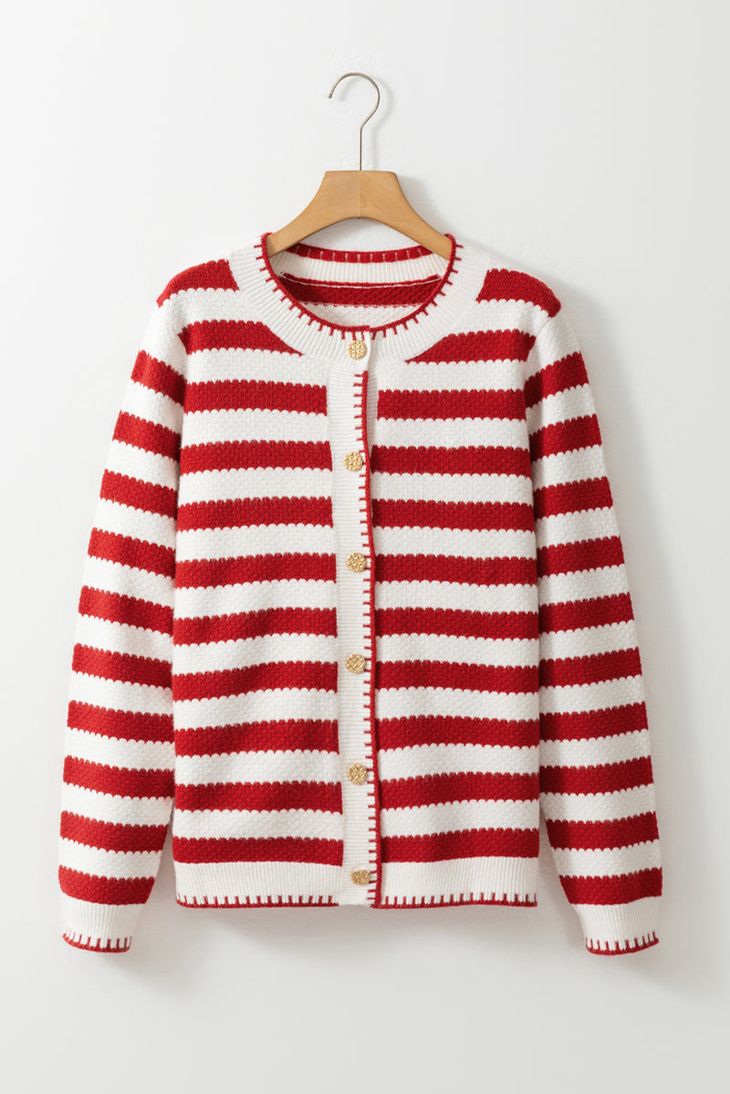 Solid Stripe Chic Golden Button Cardigan Sweater