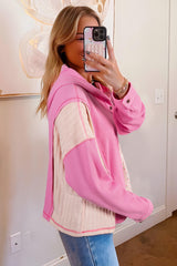 Mixed Texture Waffle Floral Patchwork Hooded Oversize Pullover