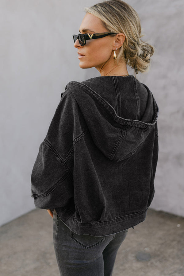 Big Chest Pocket Drop Shoulder Hooded Denim Jacket