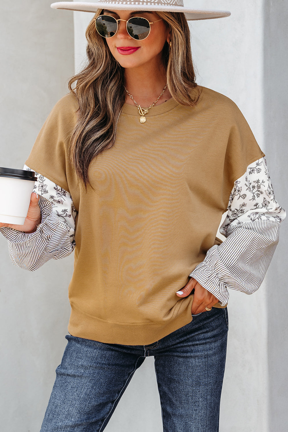 Floral Striped Patchwork Ruffled Sleeve Crew Neck Sweatshirt