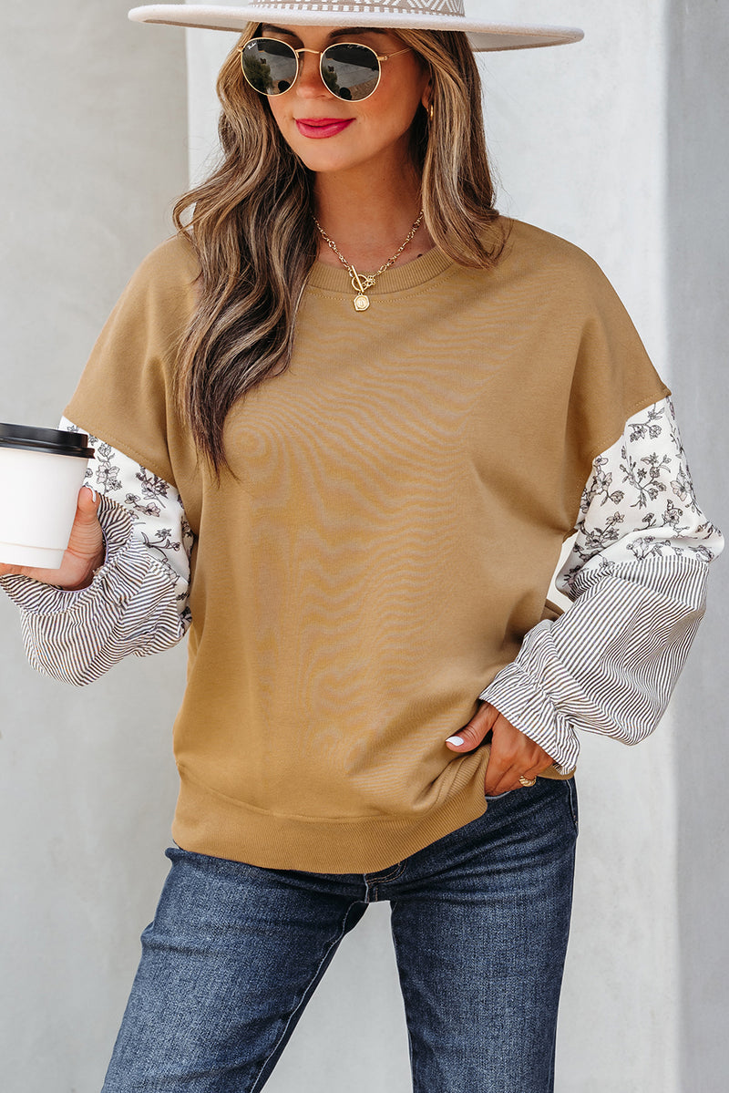 Floral Striped Patchwork Ruffled Sleeve Crew Neck Sweatshirt