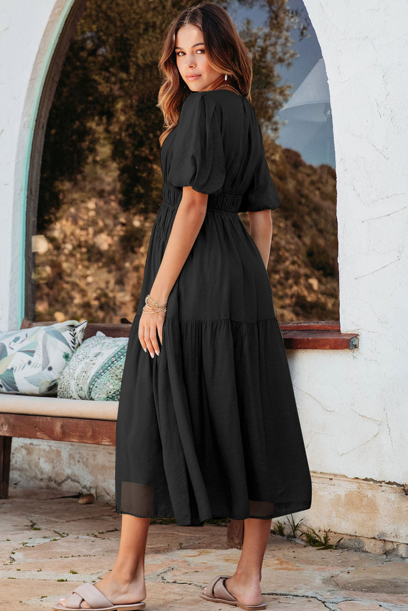 Solid Puff Sleeve Pleated High Waist Flowy Midi Dress