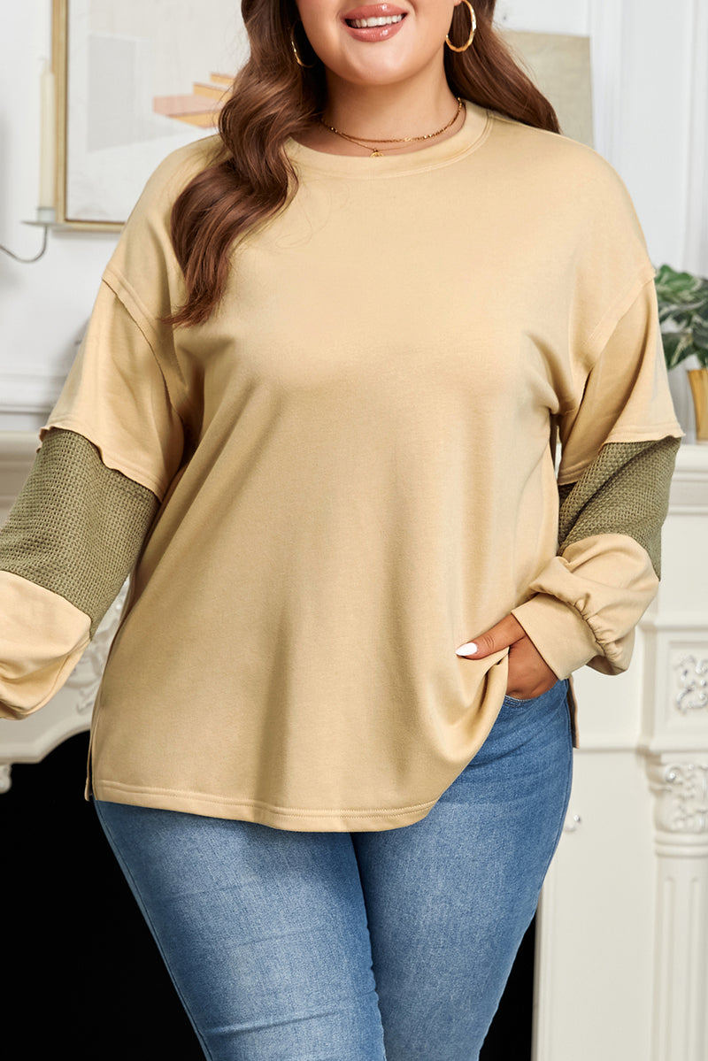 Exposed Seam Contrast Texture Patchwork Plus Size Drop Shoulder Pullover