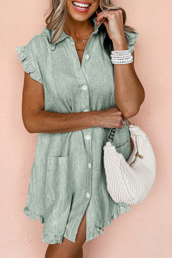 Stripe Frilled Sleeveless Collar Front Pocket Button Up Mini Dress