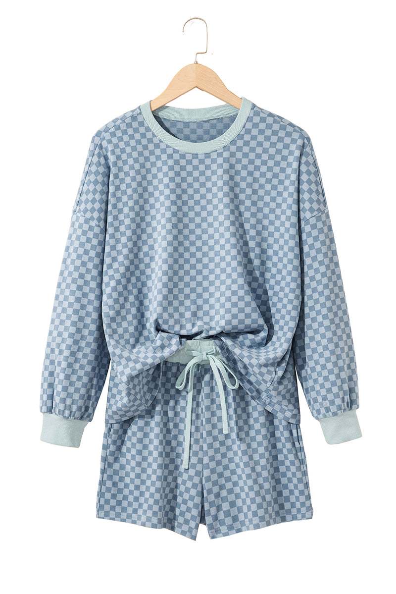 Checkerboard Long Sleeve Pullover and Shorts Set