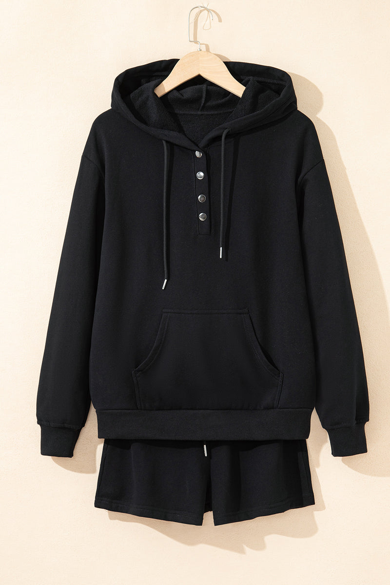 Solid Button Drawstring Hooded Pullover and Casual Short Set