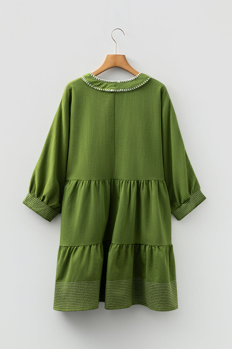 Contrast Stitched V Neck 3/4 Sleeve Tiered Mini Dress