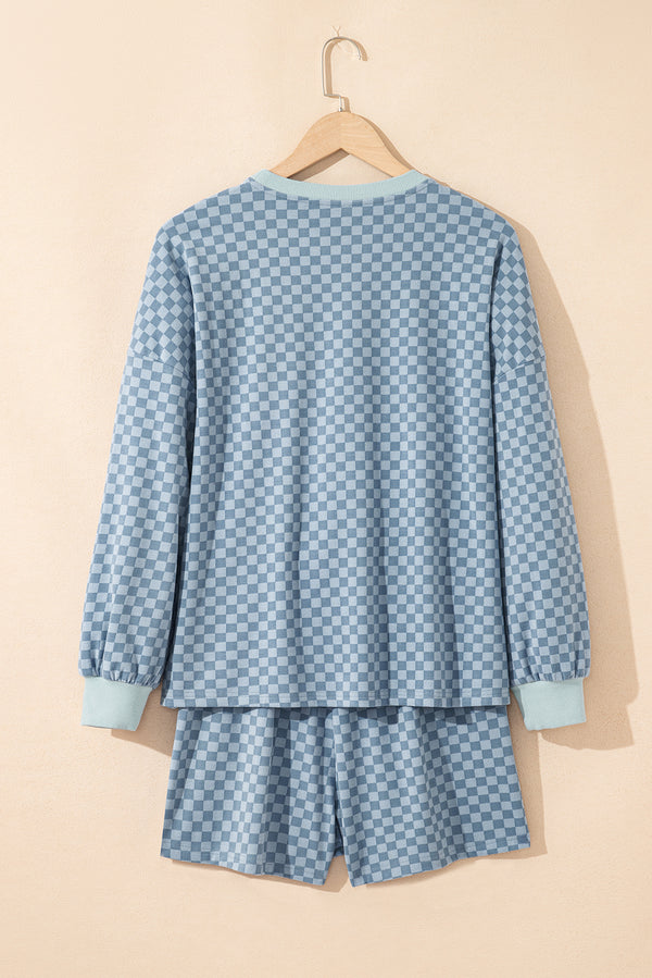 Checkerboard Long Sleeve Pullover and Shorts Set