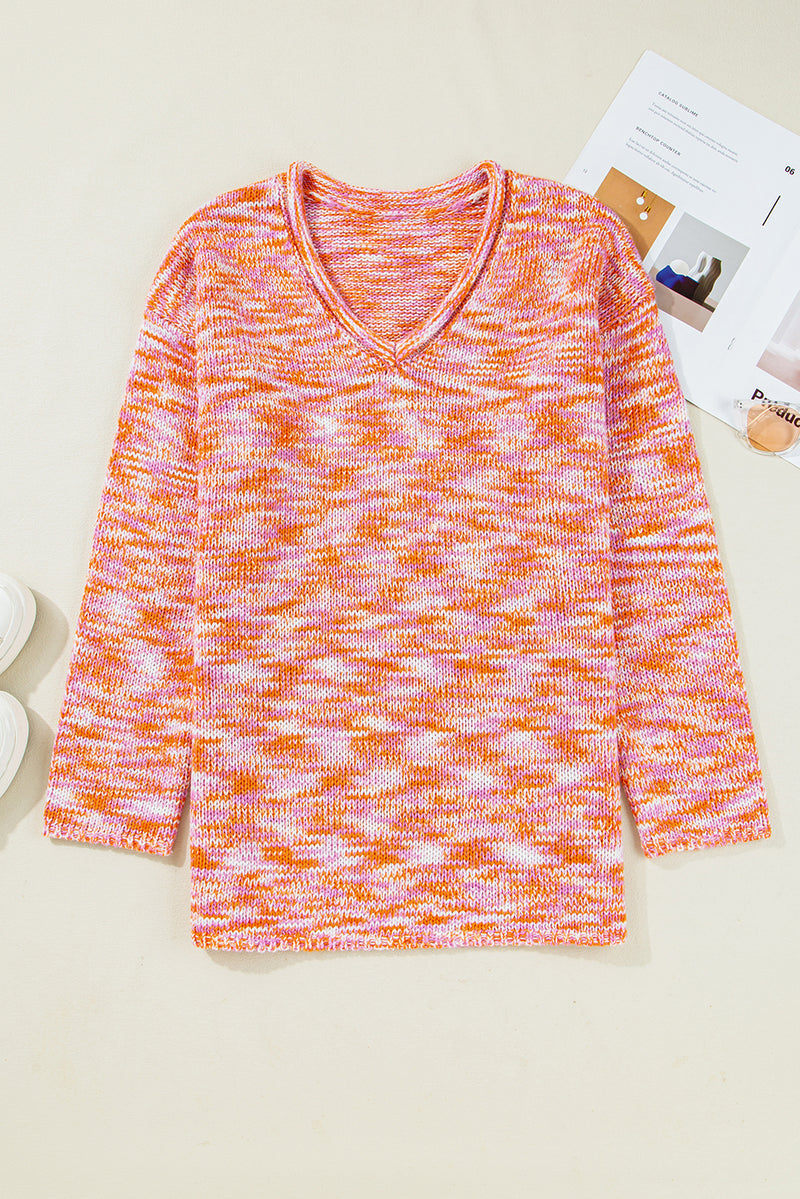 Vibrant Abstract Print Drop Shoulder V Neck Tunic Oversized Sweater