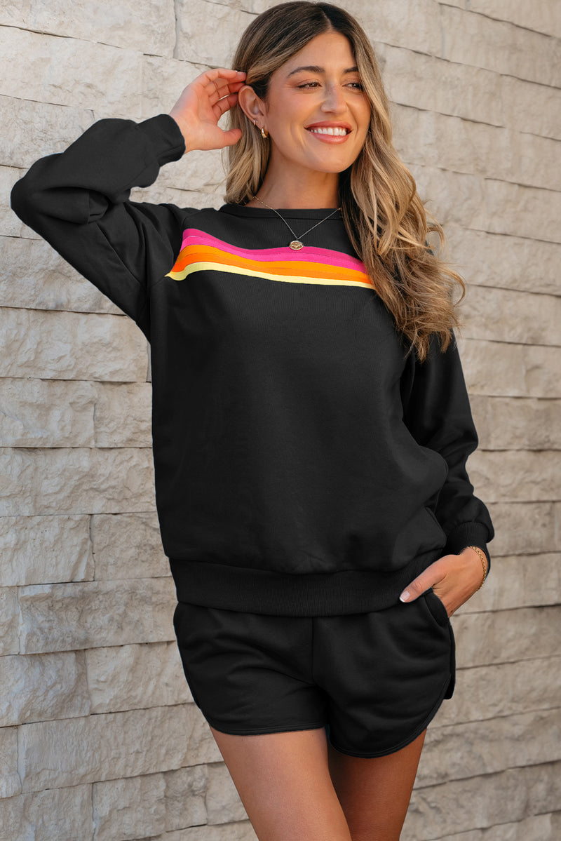 Striped Accent Pullover and Shorts Two Piece Casual Set