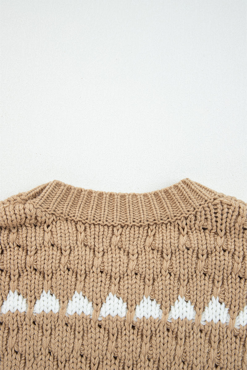Contrast Detail Textured Knit Puff Sleeve Baggy Sweater