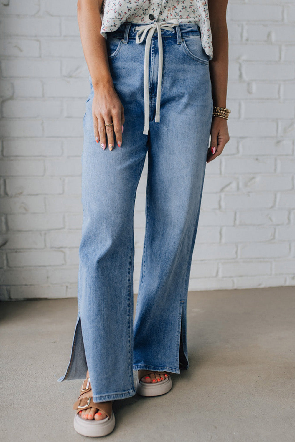Slit Leg High Rise Drawstring Casual Jeans