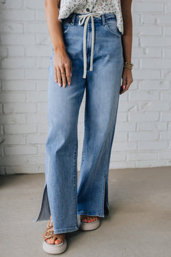 Slit Leg High Rise Drawstring Casual Jeans