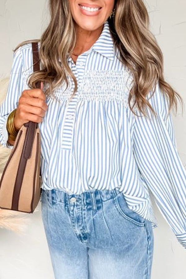 Stripe Shirred Detail Half Placket Collared Long Sleeve Fall Shirt