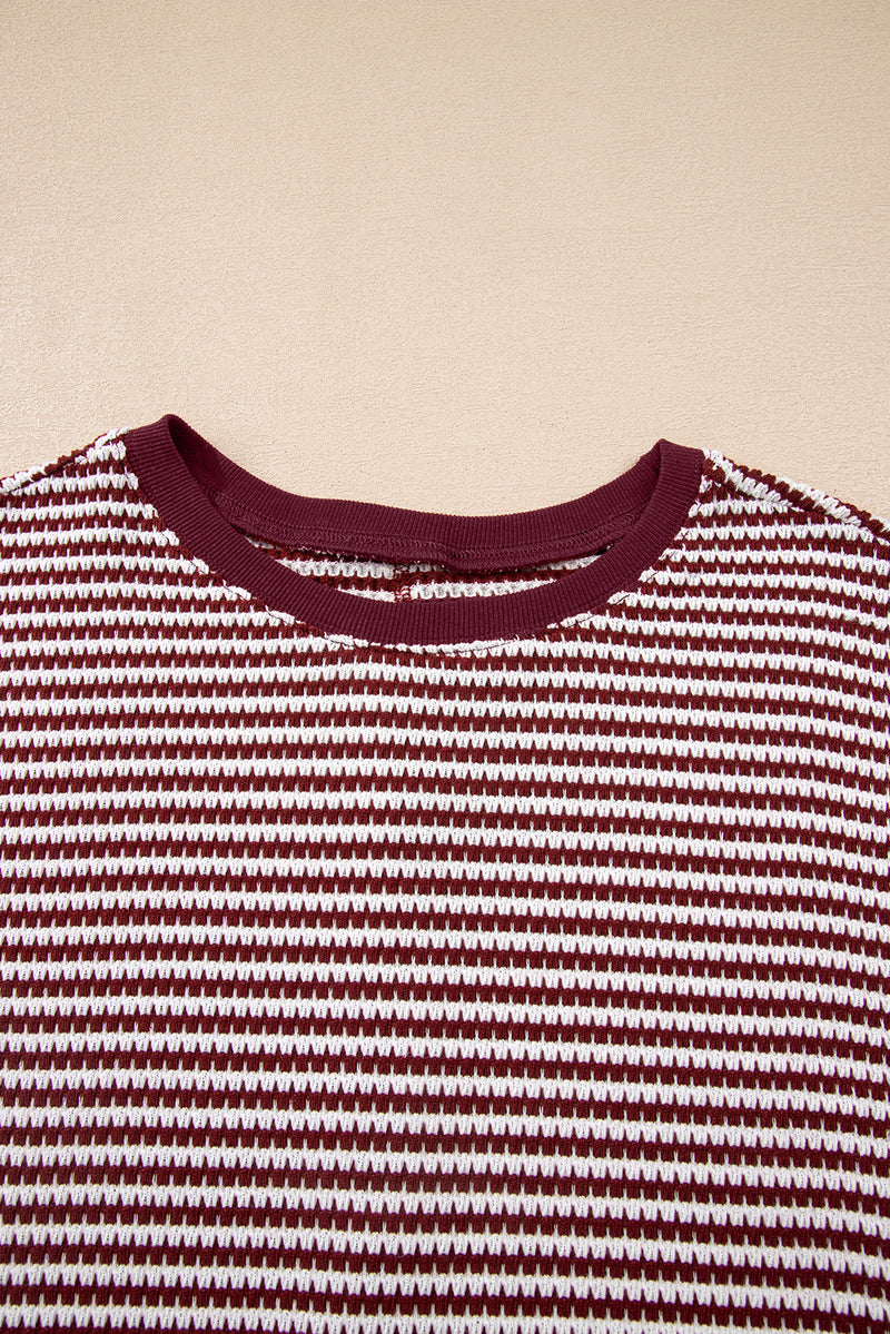 Stripe Ribbed Trim Drop Shoulder Long Sleeve Oversize Top