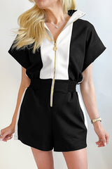 Contrast Collar Patchwork Zip Front Romper