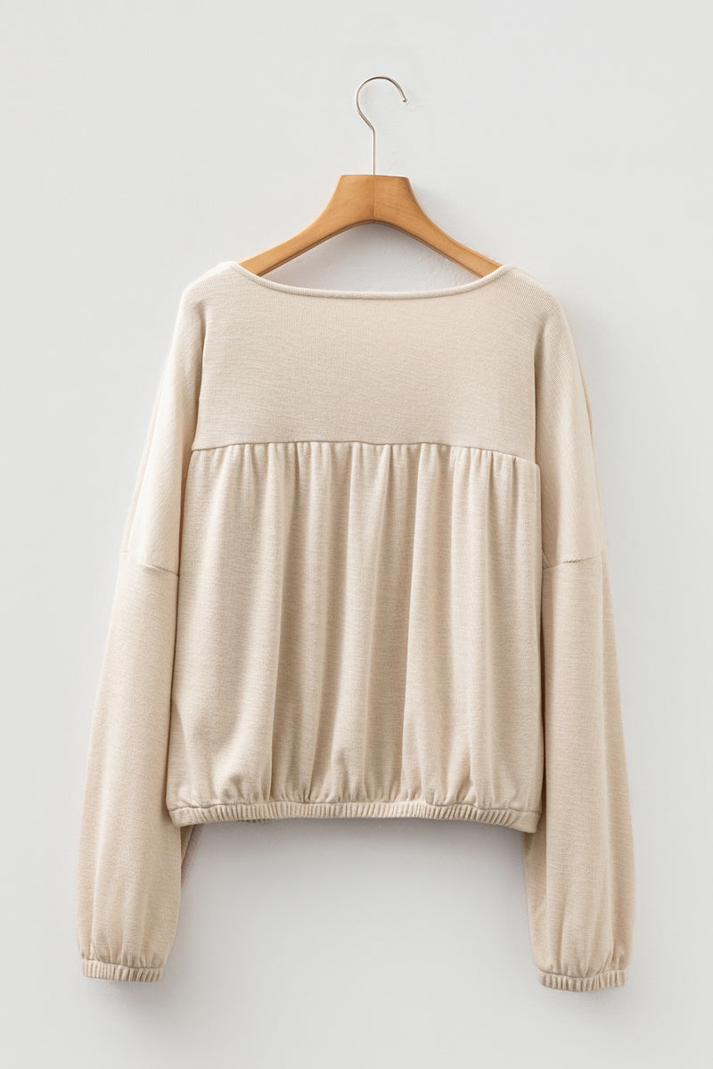 Textured Pleated Drop Shoulder Long Sleeve Knit Top