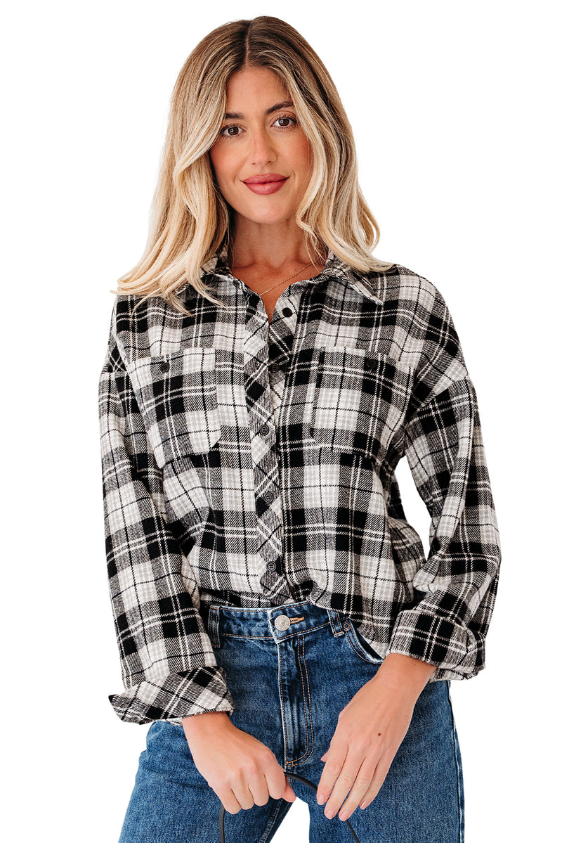 Black Plaid Print Chest Pockets Buttoned Shirt