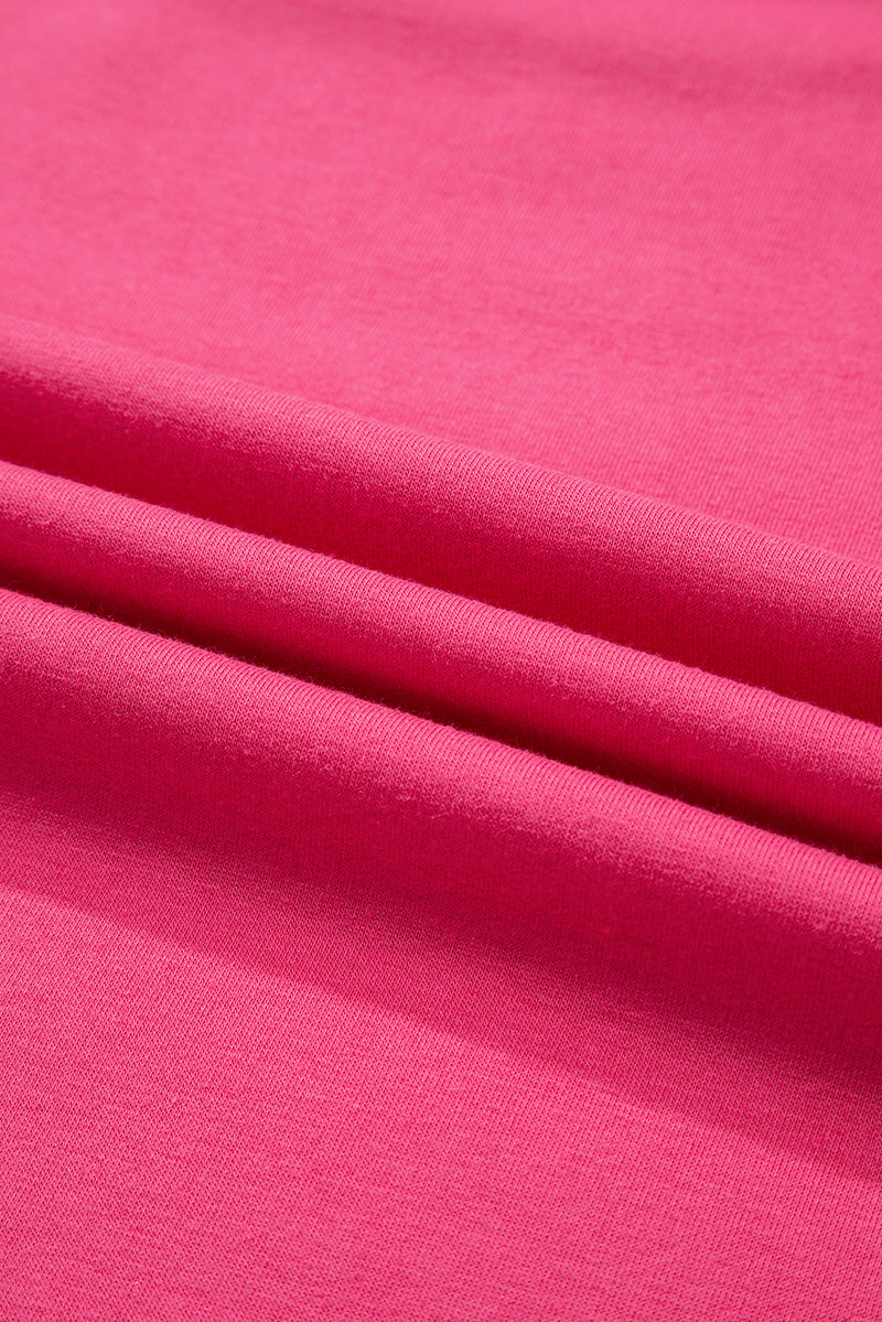 Dark Pink Floral Hemline Patchwork Round Neck Casual Top