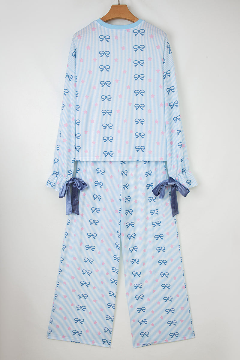 Stripe Bow Star Print Tied Detail 2pcs Lounge Set