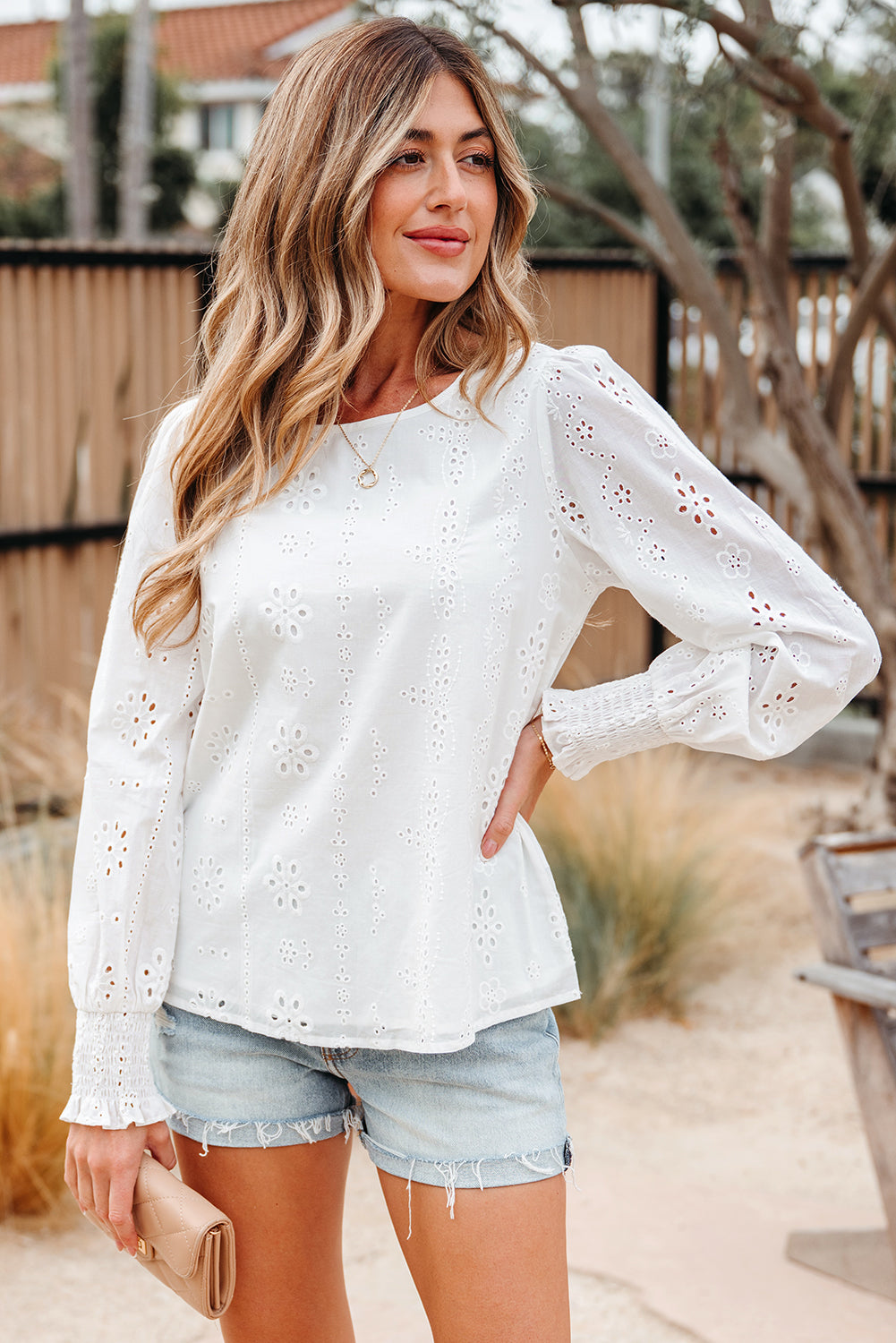 Eyelet Embroidered Smocked Cuff Sheer Blouse