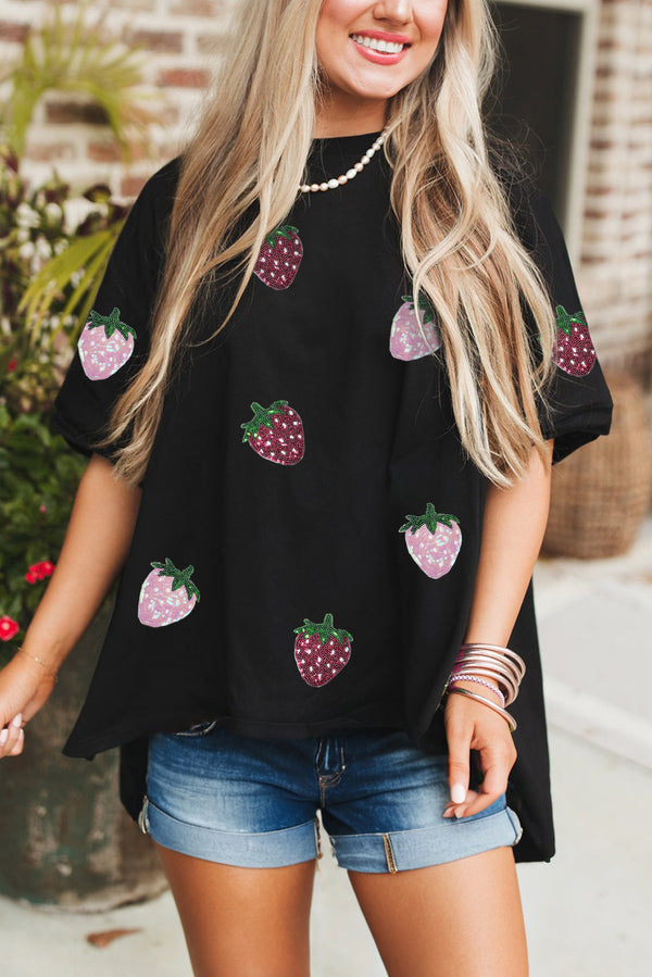 Sequin Strawberry Graphic High Low Relaxed Fit Tee