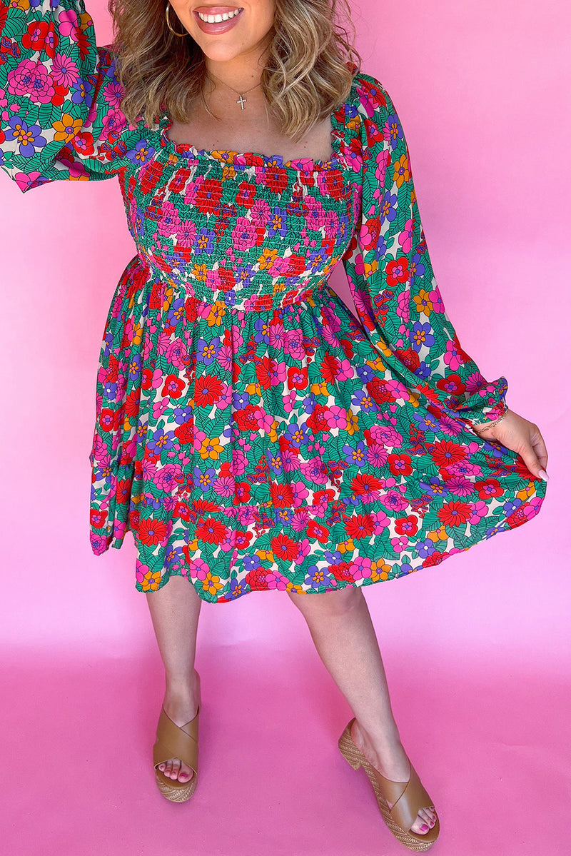 Plus Size Floral Frilled Square Neck Shirred Long Sleeve Dress