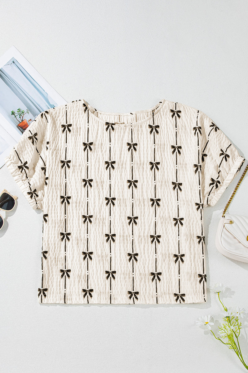 Flowy and Comfortable Bow Print Puff Short Sleeve Top