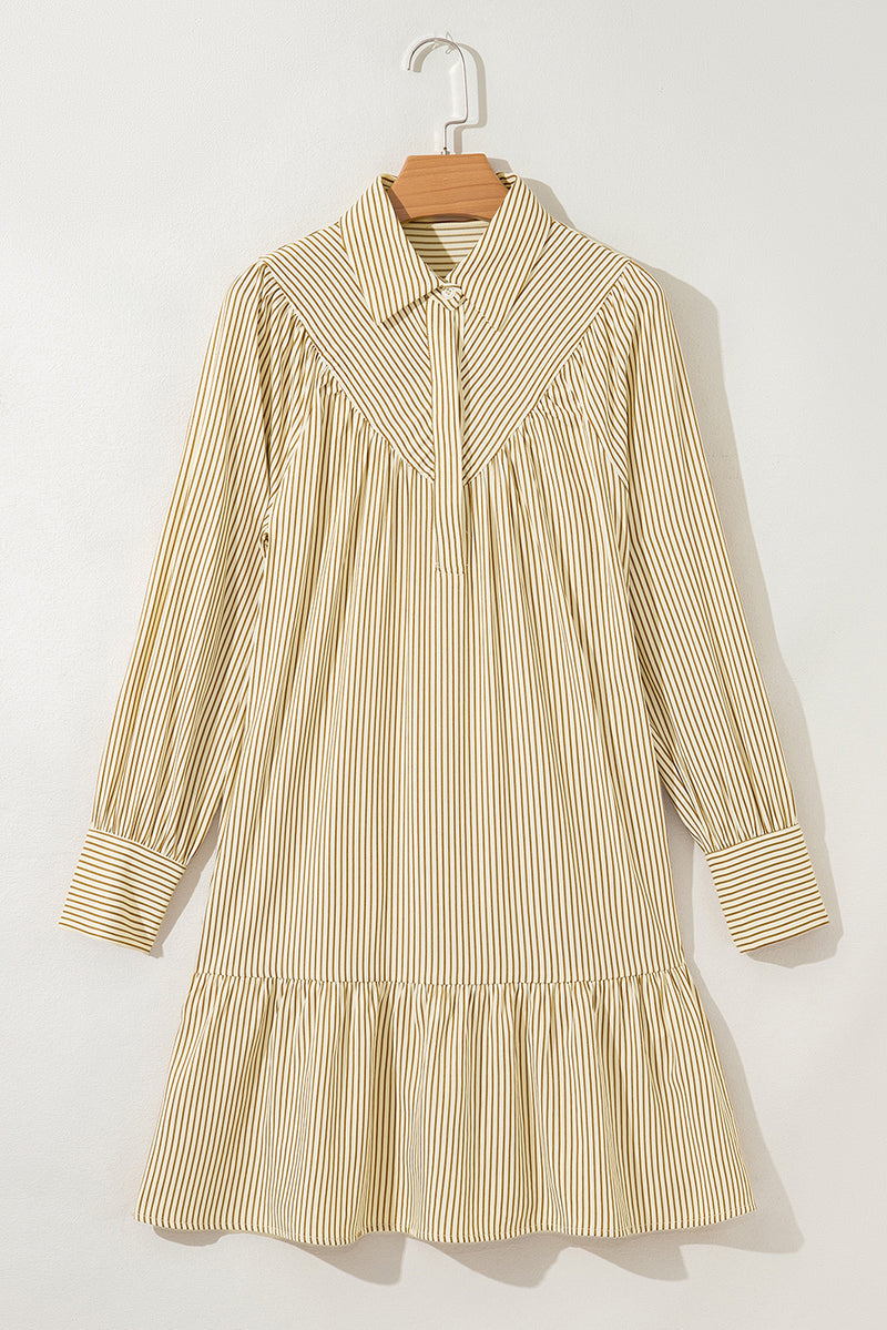 Stripe Collared Neck Cuffed Long Sleeve Drop Waist Mini Dress