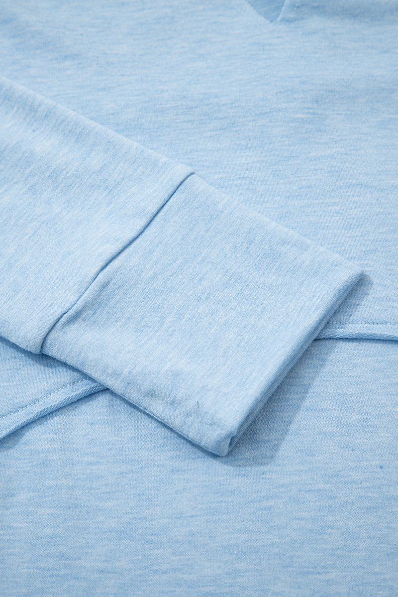 Sky Blue Notched Neck Terry Raw Hem Long Sleeve Top