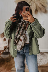 Moss Green Patched Pocket Collared Button Front Boyfriend Denim Jacket